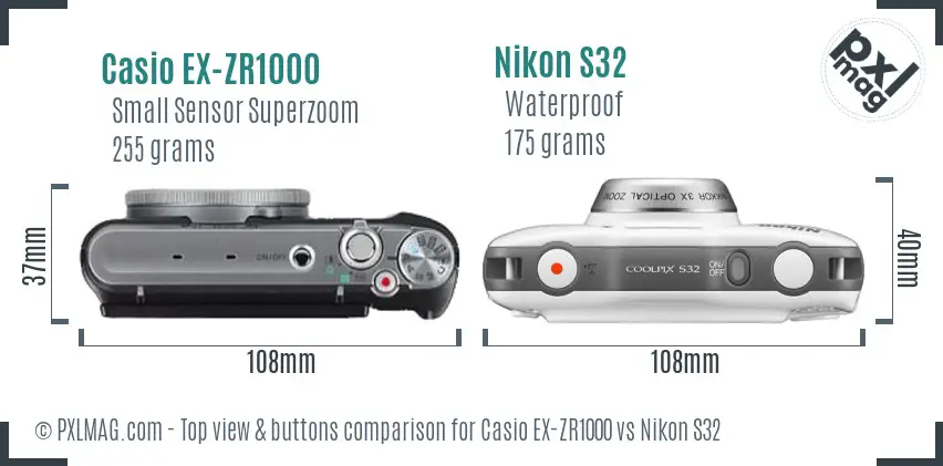 Casio EX-ZR1000 vs Nikon S32 top view buttons comparison