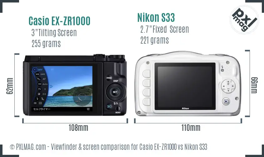 Casio EX-ZR1000 vs Nikon S33 Screen and Viewfinder comparison