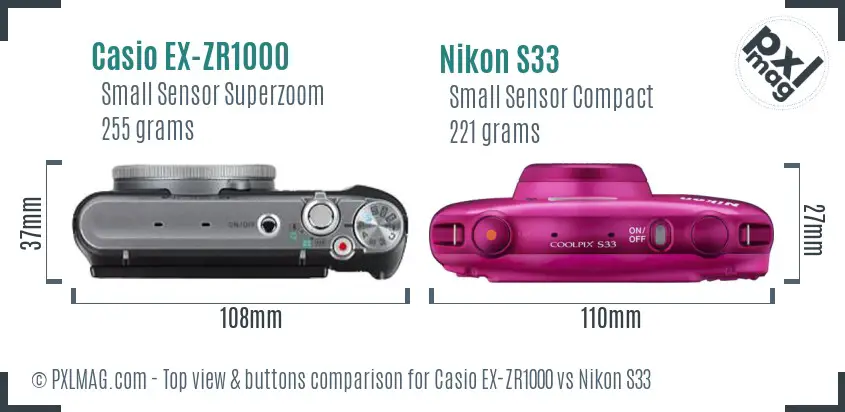 Casio EX-ZR1000 vs Nikon S33 top view buttons comparison