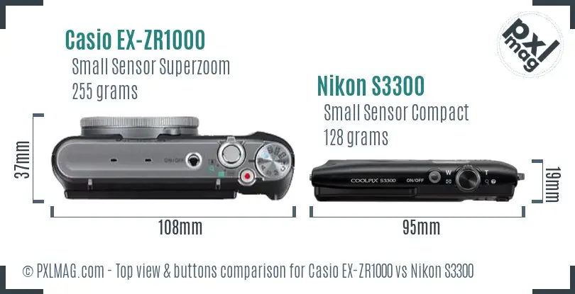 Casio EX-ZR1000 vs Nikon S3300 top view buttons comparison