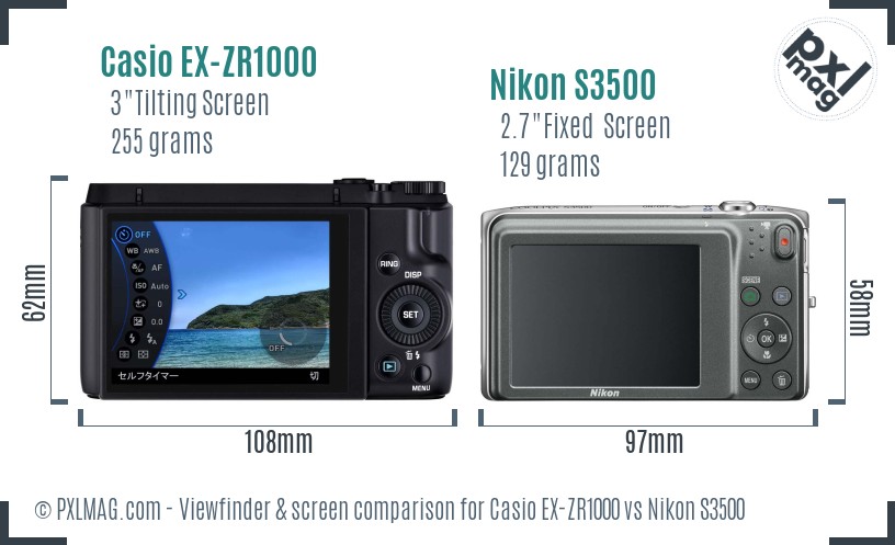 Casio EX-ZR1000 vs Nikon S3500 Screen and Viewfinder comparison