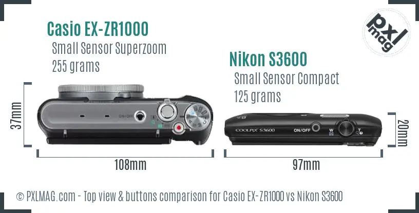 Casio EX-ZR1000 vs Nikon S3600 top view buttons comparison Casio EX-ZR1000 vs Nikon S3600 top view buttons comparison