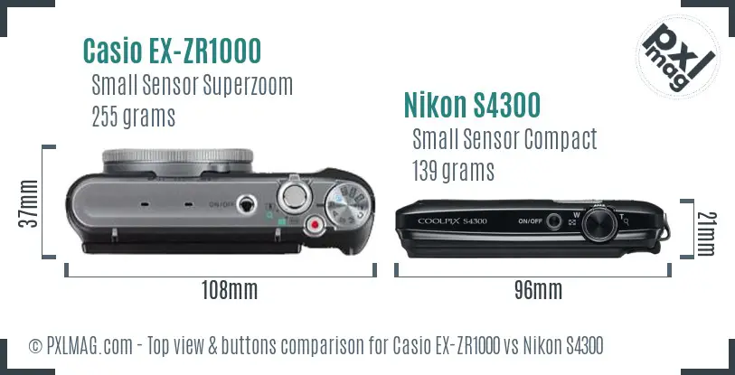 Casio EX-ZR1000 vs Nikon S4300 top view buttons comparison Casio EX-ZR1000 vs Nikon S4300 top view buttons comparison