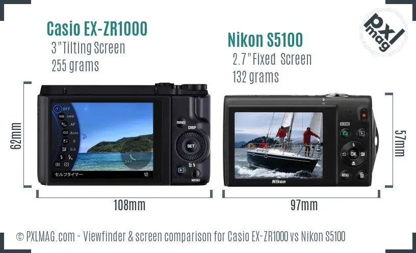 Casio EX-ZR1000 vs Nikon S5100 Screen and Viewfinder comparison