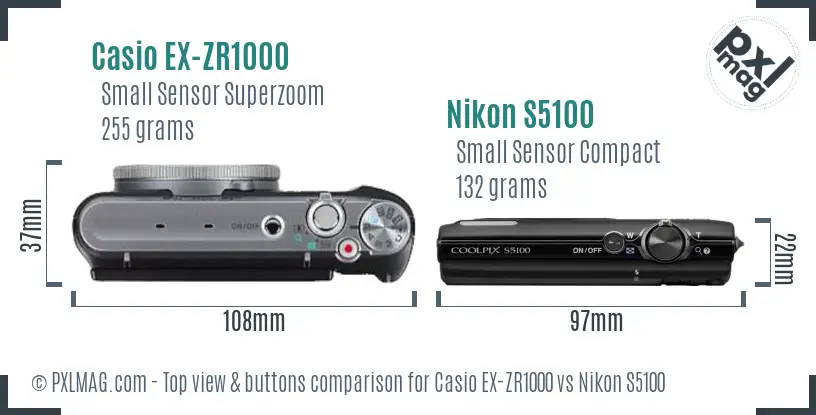 Casio EX-ZR1000 vs Nikon S5100 top view buttons comparison