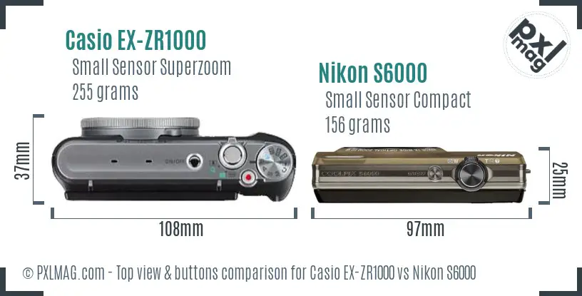 Casio EX-ZR1000 vs Nikon S6000 top view buttons comparison