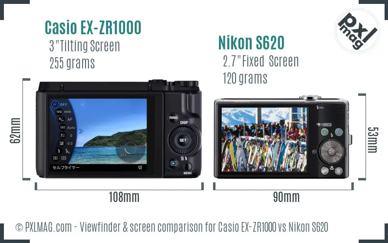 Casio EX-ZR1000 vs Nikon S620 Screen and Viewfinder comparison