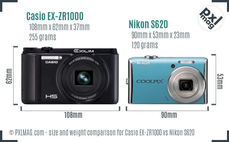 Casio EX-ZR1000 vs Nikon S620 size comparison