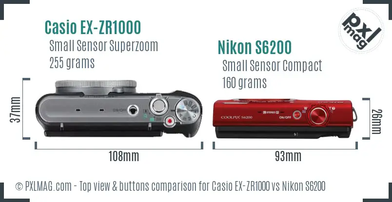 Casio EX-ZR1000 vs Nikon S6200 top view buttons comparison Casio EX-ZR1000 vs Nikon S6200 top view buttons comparison