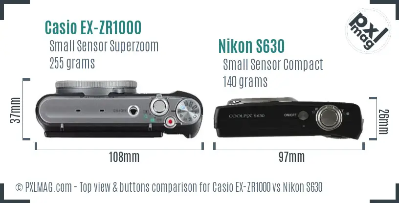 Casio EX-ZR1000 vs Nikon S630 top view buttons comparison Casio EX-ZR1000 vs Nikon S630 top view buttons comparison