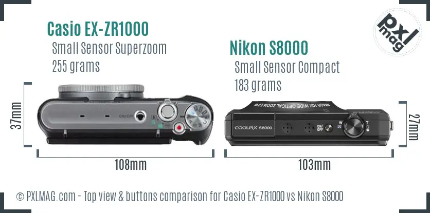 Casio EX-ZR1000 vs Nikon S8000 top view buttons comparison
