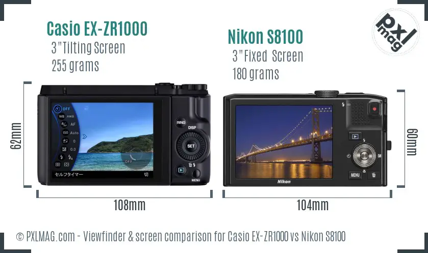 Casio EX-ZR1000 vs Nikon S8100 Screen and Viewfinder comparison
