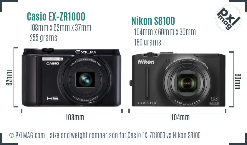 Casio EX-ZR1000 vs Nikon S8100 size comparison