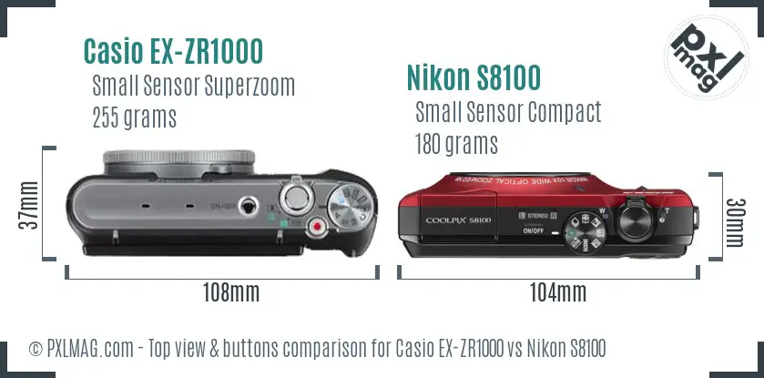 Casio EX-ZR1000 vs Nikon S8100 top view buttons comparison