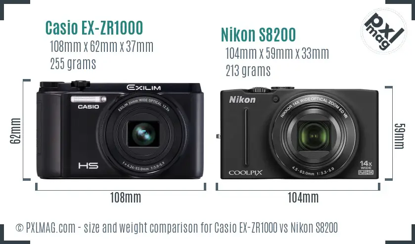 Casio EX-ZR1000 vs Nikon S8200 size comparison