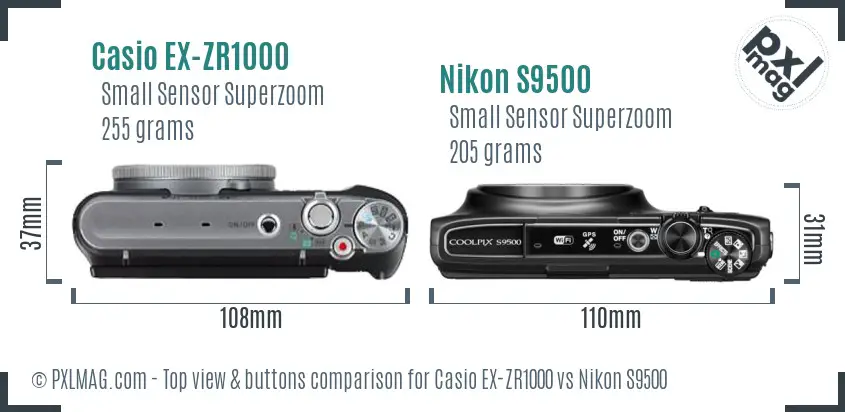 Casio EX-ZR1000 vs Nikon S9500 top view buttons comparison Casio EX-ZR1000 vs Nikon S9500 top view buttons comparison