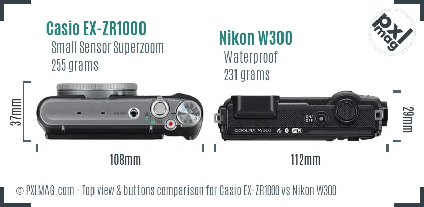 Casio EX-ZR1000 vs Nikon W300 top view buttons comparison