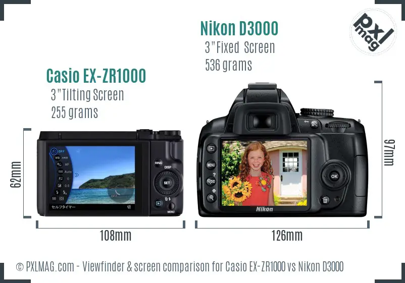 Casio EX-ZR1000 vs Nikon D3000 Screen and Viewfinder comparison