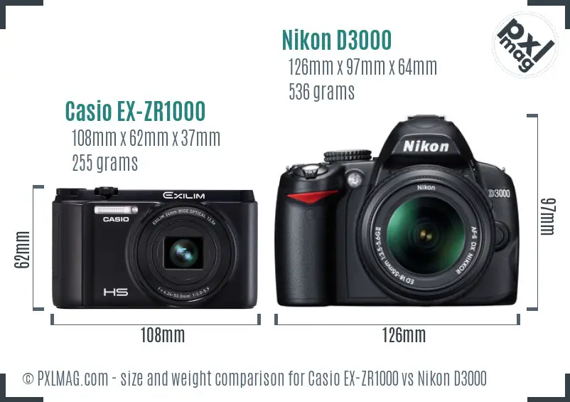Casio EX-ZR1000 vs Nikon D3000 size comparison