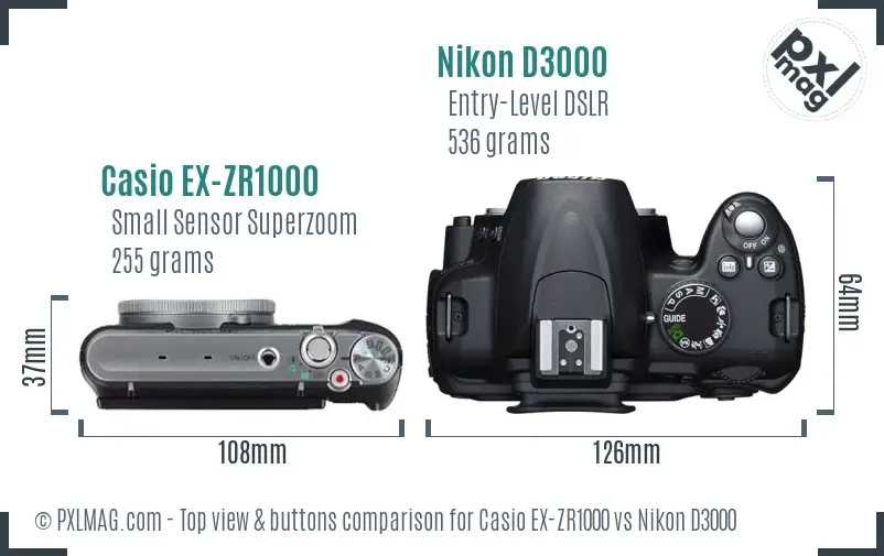 Casio EX-ZR1000 vs Nikon D3000 top view buttons comparison