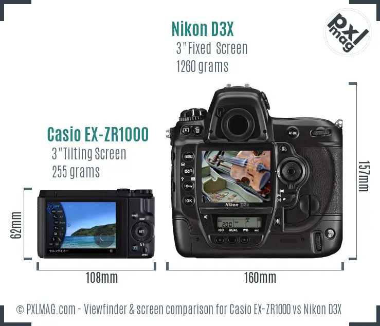 Casio EX-ZR1000 vs Nikon D3X Screen and Viewfinder comparison