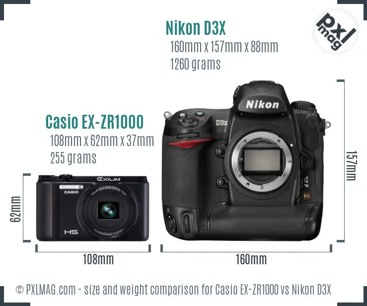 Casio EX-ZR1000 vs Nikon D3X size comparison