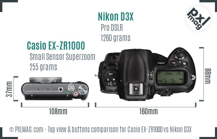 Casio EX-ZR1000 vs Nikon D3X top view buttons comparison