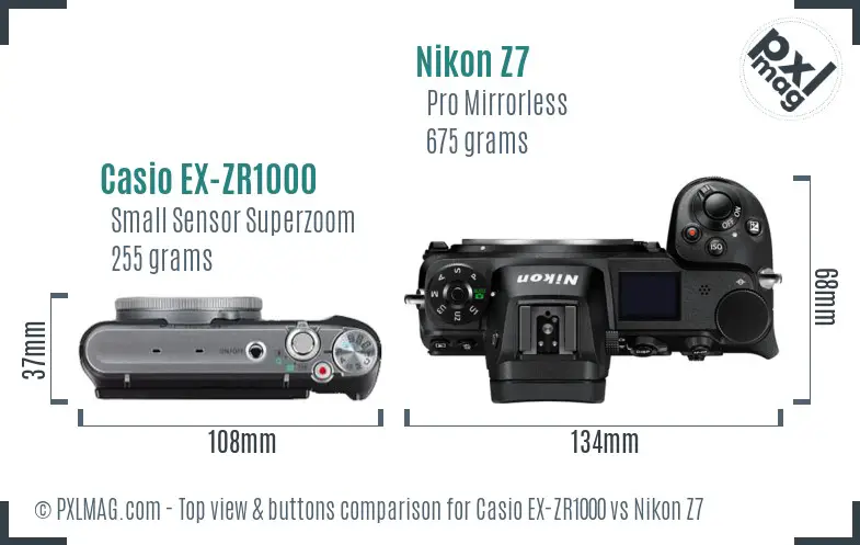 Casio EX-ZR1000 vs Nikon Z7 top view buttons comparison