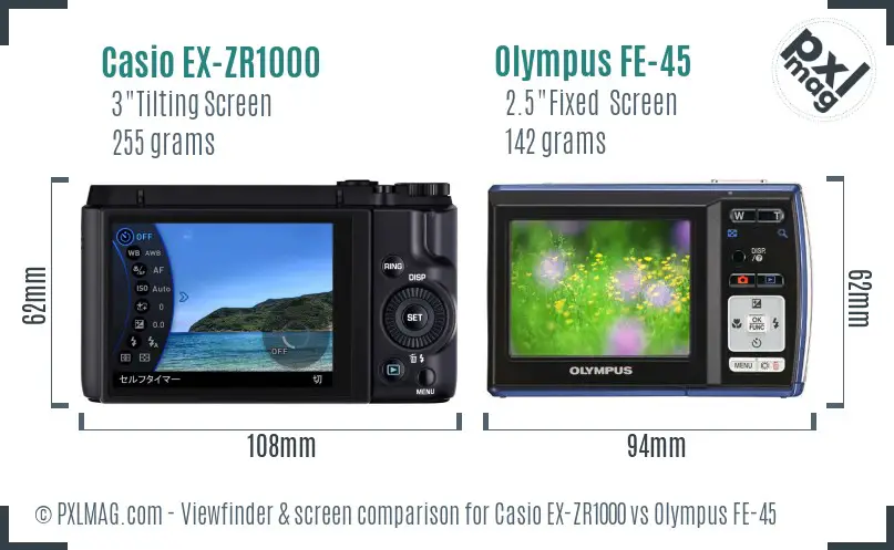 Casio EX-ZR1000 vs Olympus FE-45 Screen and Viewfinder comparison