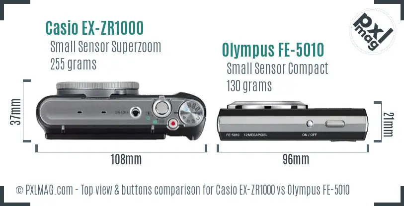 Casio EX-ZR1000 vs Olympus FE-5010 top view buttons comparison Casio EX-ZR1000 vs Olympus FE-5010 top view buttons comparison