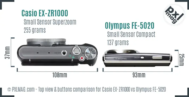 Casio EX-ZR1000 vs Olympus FE-5020 top view buttons comparison Casio EX-ZR1000 vs Olympus FE-5020 top view buttons comparison