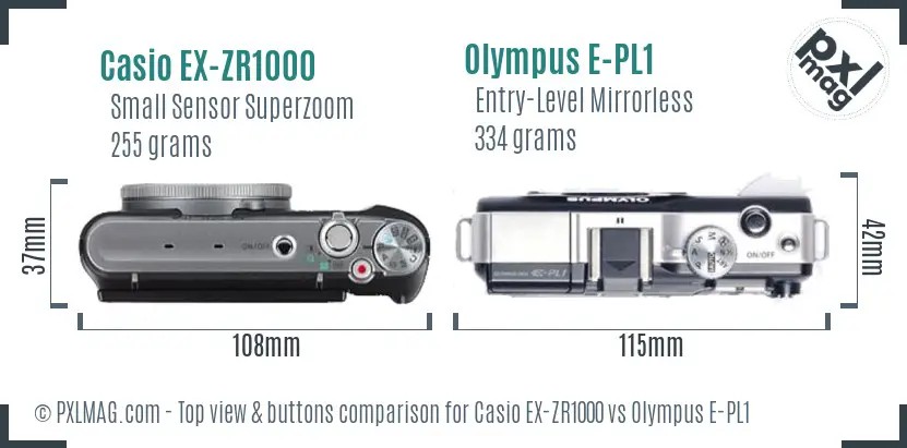 Casio EX-ZR1000 vs Olympus E-PL1 top view buttons comparison