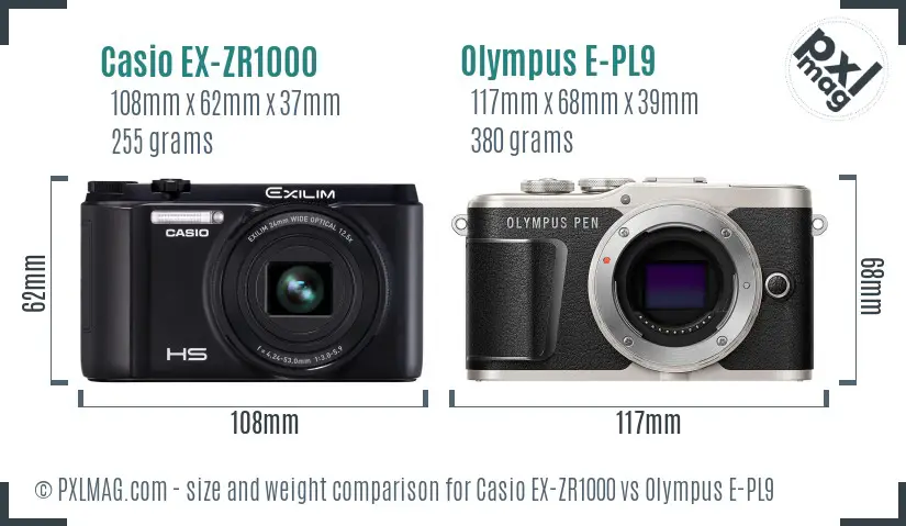 Casio EX-ZR1000 vs Olympus E-PL9 size comparison
