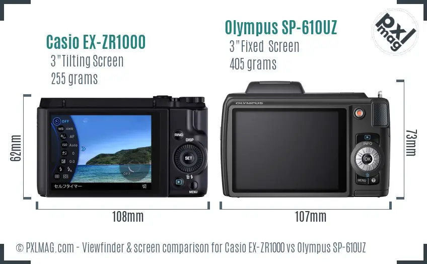 Casio EX-ZR1000 vs Olympus SP-610UZ Screen and Viewfinder comparison