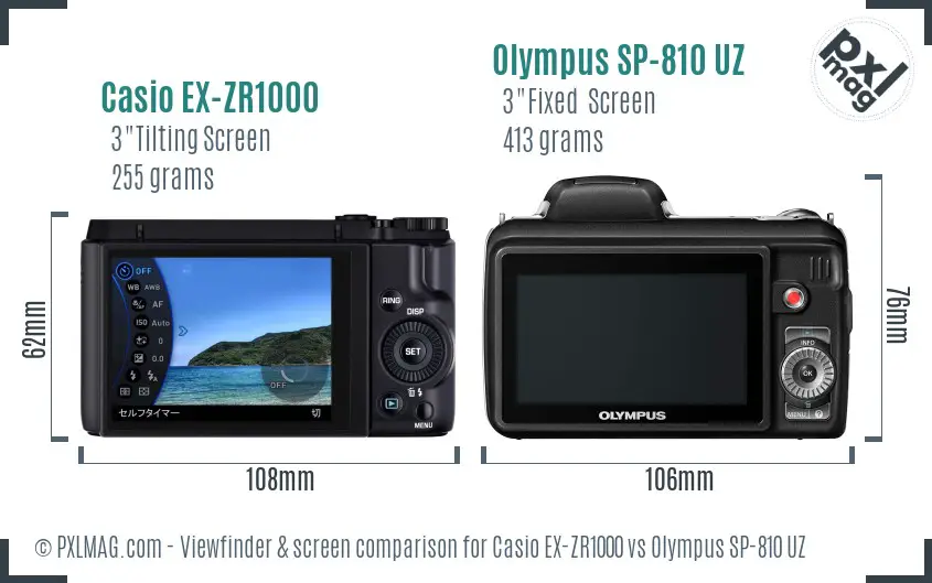 Casio EX-ZR1000 vs Olympus SP-810 UZ Screen and Viewfinder comparison