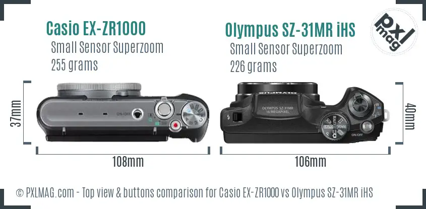Casio EX-ZR1000 vs Olympus SZ-31MR iHS top view buttons comparison Casio EX-ZR1000 vs Olympus SZ-31MR iHS top view buttons comparison