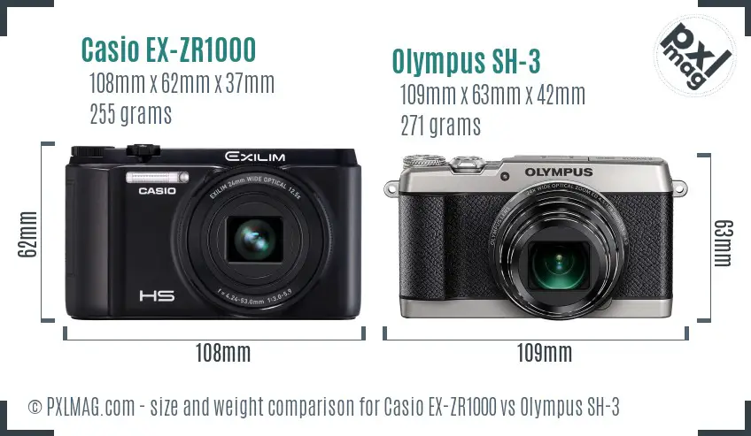 Casio EX-ZR1000 vs Olympus SH-3 size comparison