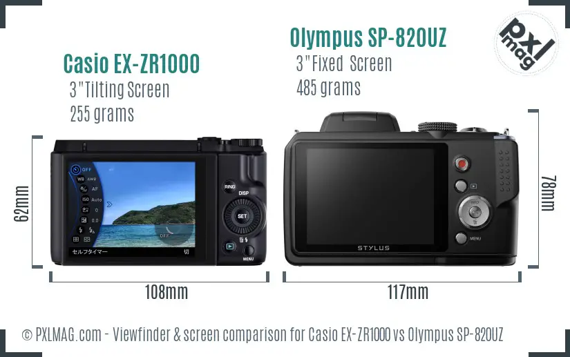 Casio EX-ZR1000 vs Olympus SP-820UZ Screen and Viewfinder comparison