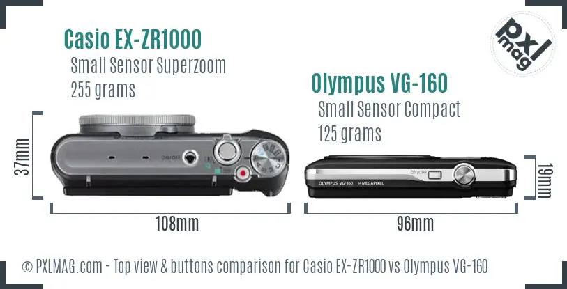 Casio EX-ZR1000 vs Olympus VG-160 top view buttons comparison Casio EX-ZR1000 vs Olympus VG-160 top view buttons comparison