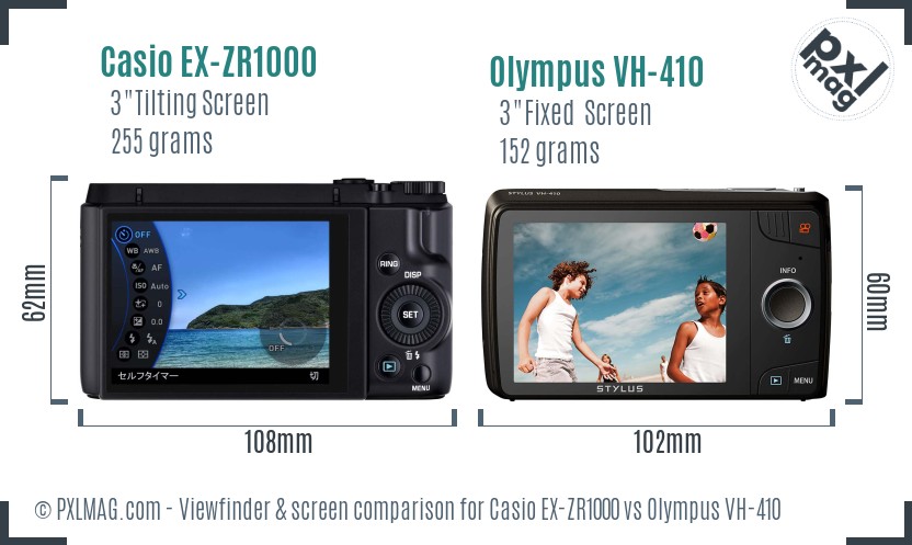 Casio EX-ZR1000 vs Olympus VH-410 Screen and Viewfinder comparison