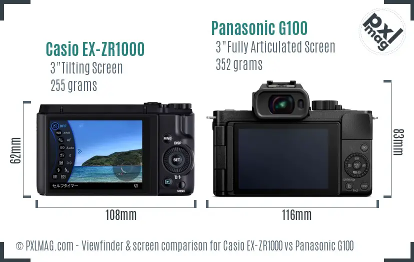 Casio EX-ZR1000 vs Panasonic G100 Screen and Viewfinder comparison