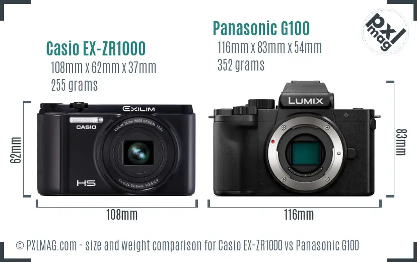 Casio EX-ZR1000 vs Panasonic G100 size comparison