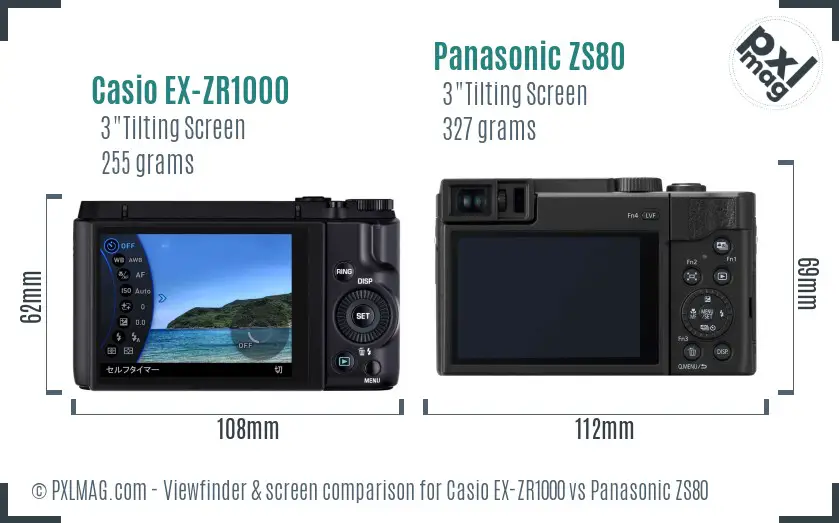 Casio EX-ZR1000 vs Panasonic ZS80 Screen and Viewfinder comparison