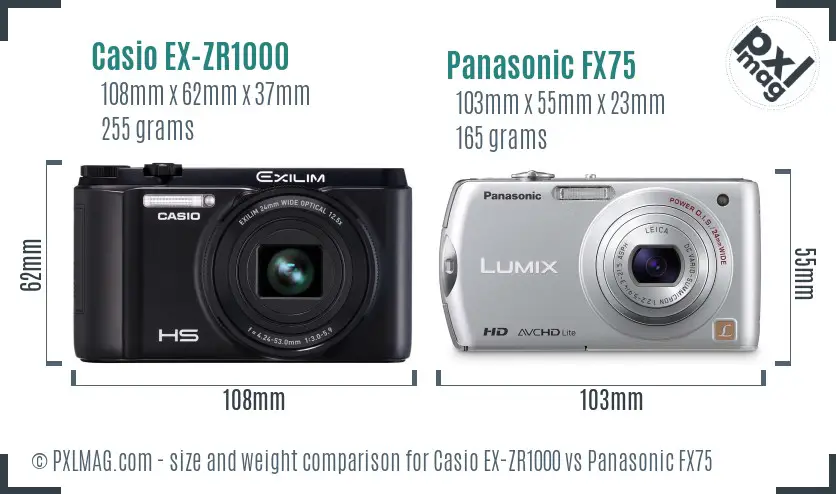 Casio EX-ZR1000 vs Panasonic FX75 size comparison