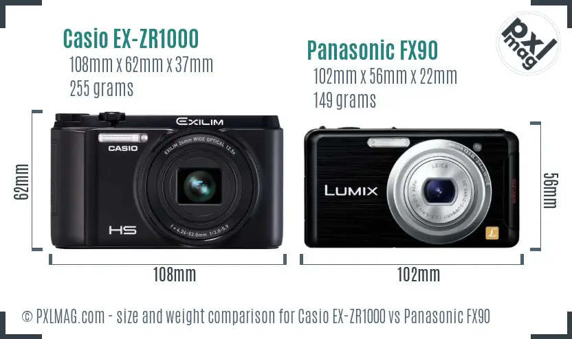 Casio EX-ZR1000 vs Panasonic FX90 size comparison