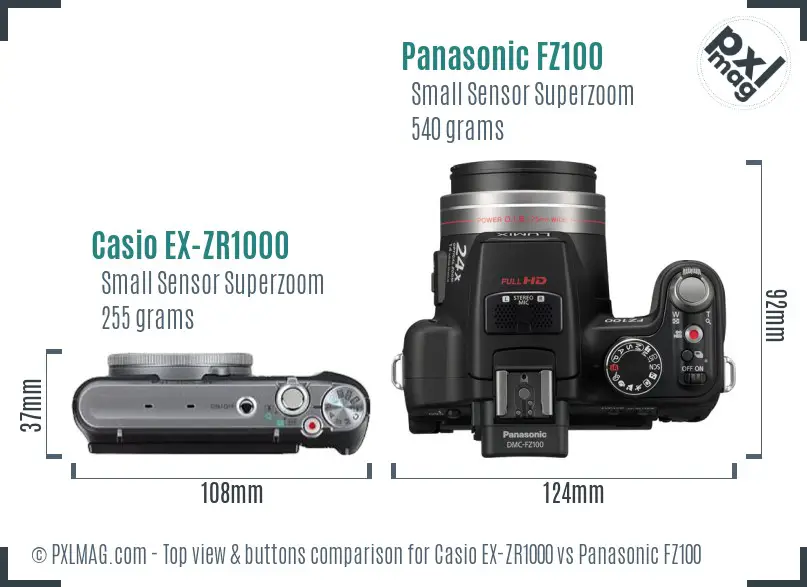 Casio EX-ZR1000 vs Panasonic FZ100 top view buttons comparison