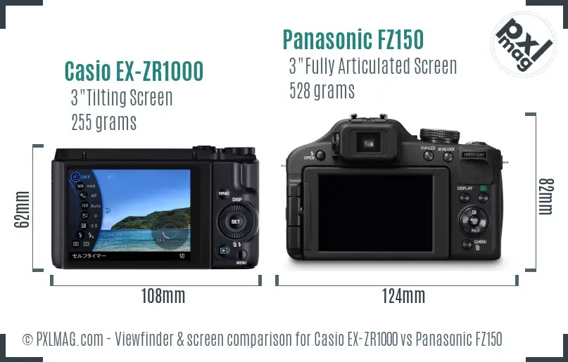 Casio EX-ZR1000 vs Panasonic FZ150 Screen and Viewfinder comparison