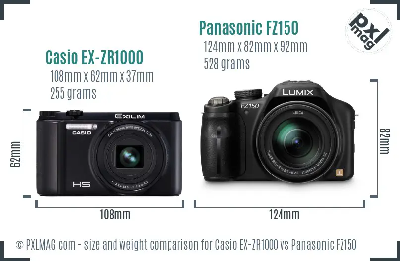 Casio EX-ZR1000 vs Panasonic FZ150 size comparison