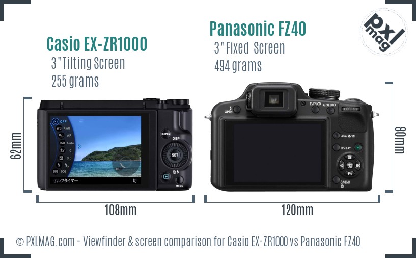 Casio EX-ZR1000 vs Panasonic FZ40 Screen and Viewfinder comparison