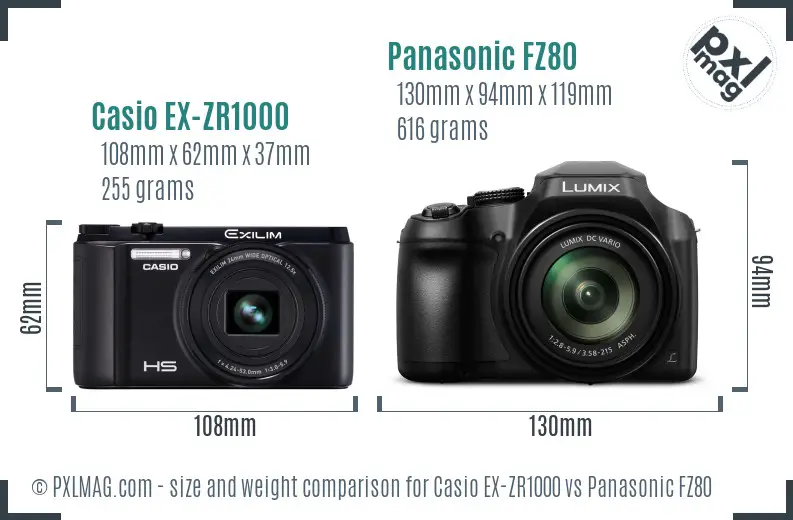 Casio EX-ZR1000 vs Panasonic FZ80 size comparison